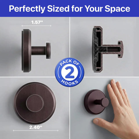 Suction Cup Shower Hooks 2 Pack No Drill Towel Holder with dimensions and hand showing scale