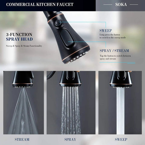Oil Rubbed Bronze Pull Down Kitchen Faucet With Sprayer And Aquablade Sweep, High Arc Design, Stream Spray Sweep Modes