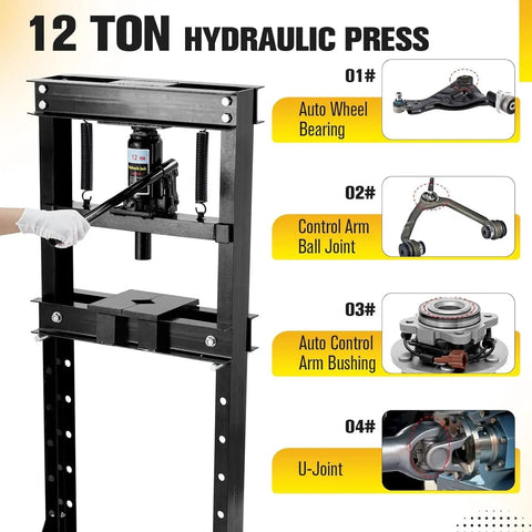 Shop Ready Badass 12 Ton Hydraulic Shop Press With Adjustable H Frame Safety Valve and Stamping Plates in use for auto repairs.