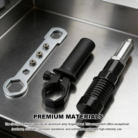 Rivet Gun Adapter Kit For Cordless Drill With 2.4mm 3.2mm 4.0mm 4.8mm Rivet Heads, metal and black components displayed.
