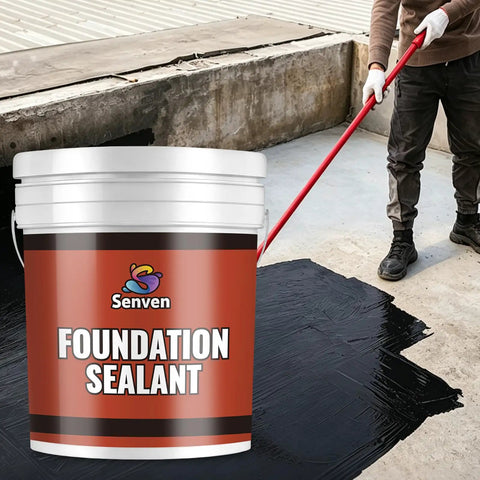 Rock-Solid Heavy-Duty Foundation Sealant Workhorse And Rubber Silicone Waterproof Sealant For Basement Leak Repair And Shower Liners Planter Boxes Coating Indoor Outdoor Black 5 Gallon Tub being applied to floor by worker.