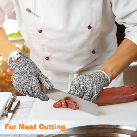 Person wearing 15 Pairs Cut Resistant Gloves Level 5 Protection Anti Cut Kitchen Gloves For Food Prep Fish Filleting Slicing And DIY Projects