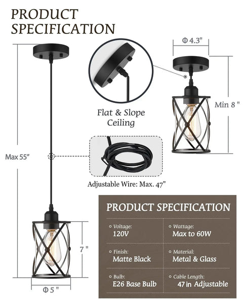 Black Glass Pendant Lights Two Pack With Clear Glass Cylinders, Industrial Farmhouse Cage Hanging Lights, adjustable chain