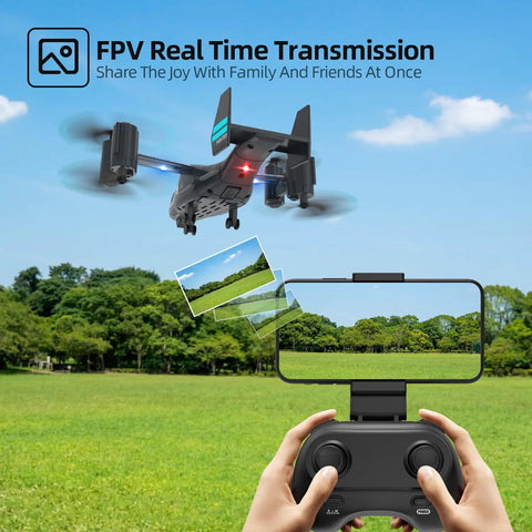 Grab And Go Beginner Friendly Drone With 720P HD Camera, FPV Live Video flying over park, remote in user's hands, dark blue model