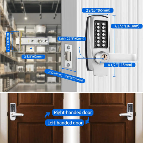 Mechanical Push Button Lever Lock With 13 Digit Keypad for Keyless Entry, 60mm Backset, shown on right and left-handed doors