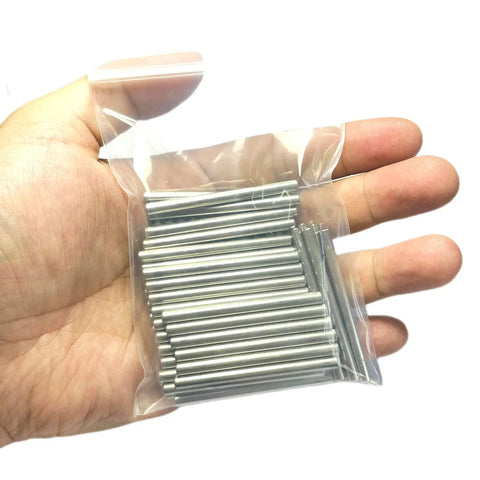 Hand holding a bag of 52 piece 4mm by 50mm dowel pins set in 304 stainless steel built for DIY shelves and bunk beds M4 dowel pins