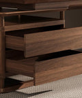 Huge Adjustable Standing Desk Featuring Smooth Sit Stand Functionality with open wooden drawers showing storage space.