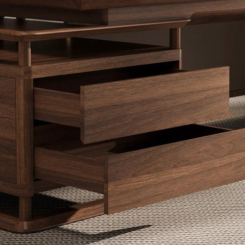 Huge Adjustable Standing Desk Featuring Smooth Sit Stand Functionality with open wooden drawers showing storage space.