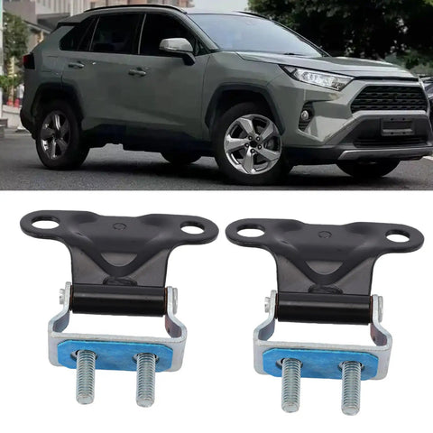Rock Solid Tailgate Hinge Replacement Pair High Strength Steel Direct Fit OEM Specs complete left and right kit shown with SUV backdrop.