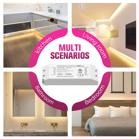 Usage scenarios for 60W Plug And Play Triac Dimmable LED Driver Power Supply 120V to 24V Transformer in various home settings