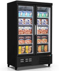 Heavy Duty Commercial Freezer Upright Two Door Glass Display Cold Storage 36 Cubic Feet with frozen pizzas and treats visible.