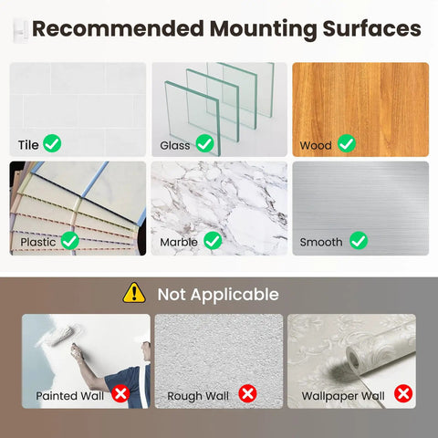 Recommended surfaces for Six Pack Large Stainless Steel Wall Hooks Heavy Duty Adhesive Mount Holds Up To 26 Pounds. Includes smooth tiles, glass, and wood.