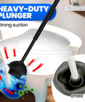 Extended-Handle Toilet Brush And Plunger 4-Piece Set With Gap Brush And Cleaning Gloves Heavy-Duty Bathroom Cleaning Kit for quick grime busting, showing anti-splash plunger in use.