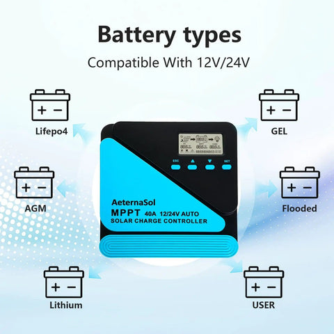 40A MPPT Solar Charge Controller For 12/24V Systems With Adjustable LCD, Timer, And Dual USB Ports, battery types shown