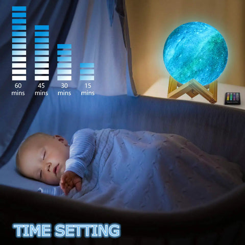 7.0 Inch Moon Lamp Night Light With 16 Color LED beside sleeping baby, showing time settings on wall, remote nearby.