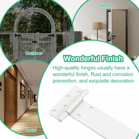 Badass 6 Inch Gate Hinges With 280 Pound Capacity Matte White Finish 4 Pack Heavy Duty on a wooden door in a hotel hallway.