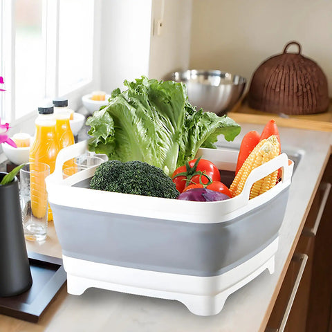 Collapsible Dish Basin With Drain Plug And Drainer 9L 2.4 Gallon Portable Wash Basin on counter with vegetables, space-saving design