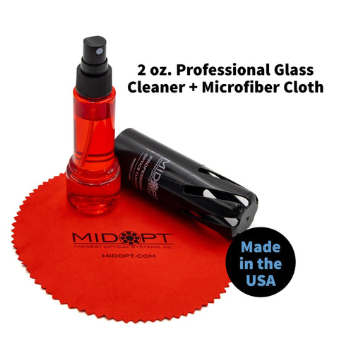 MidOpt 2 oz optics cleaner spray bottle with red microfiber cloth