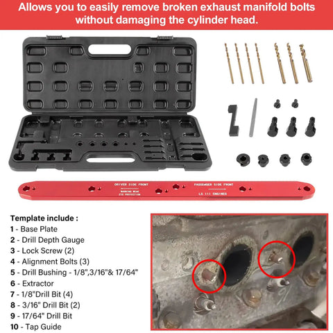 Pro Grade Manifold Drill Template For GM LS Engines 4.8L 5.3L 6.0L Chevy Removal Tool Kit with case, drills, and parts displayed