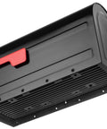 Black mailbox with red flag, side view, embossed panels and reinforced door bracket, compatible with Big White Post Mount Mailbox With Front Access Door, Embossed Panels, Reinforced Door Bracket For Extra Rigidity, Easy Mail Removal, Predrilled 4x10 Mounting Holes, House Number Ready, Weather Resistant Residential Mailbox