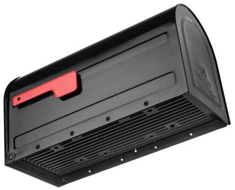 Black mailbox with red flag, side view, embossed panels and reinforced door bracket, compatible with Big White Post Mount Mailbox With Front Access Door, Embossed Panels, Reinforced Door Bracket For Extra Rigidity, Easy Mail Removal, Predrilled 4x10 Mounting Holes, House Number Ready, Weather Resistant Residential Mailbox