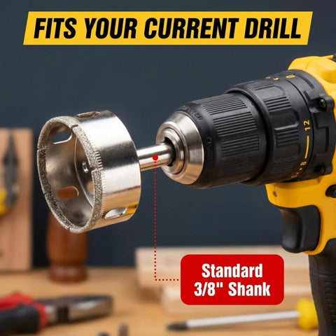 Two And A Half Inch Diamond Hole Saw For Tile Glass Porcelain And Stone attached to power drill with standard 3/8 inch shank