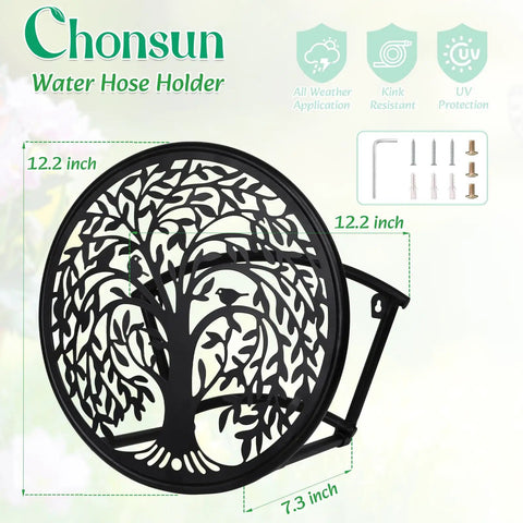 Heavy Duty Outdoor Garden Hose Reel and Wall Mount Holder With Tree of Life Metal Design, All Metal Water Hose Organizer for Yard