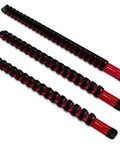Aluminum Socket Organizer Rail Kit, 3 Piece Red Set For One Half Inch, Three Eighth Inch, And One Quarter Inch Drives on white background