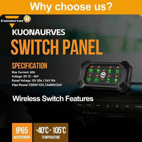 8 Gang Toggle Momentary Pulsed Switch Panel With Wireless LED Touch Control Box For Cars and Trucks, IP65 Waterproof Specs