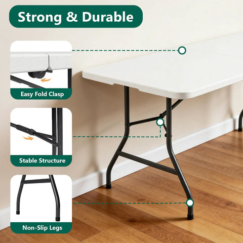 Six Foot Folding Table Portable Picnic Table For Indoor Outdoor Use Heavy Duty Plastic Table With Carry Handle Seats 6 To 8 shown folded