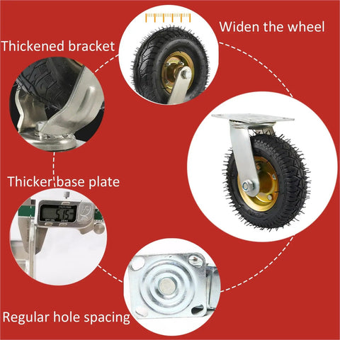 Close-up of Heavy Duty Rubber Casters Set Of 4, Pneumatic Swivel Wheels, featuring thickened bracket and base plate.