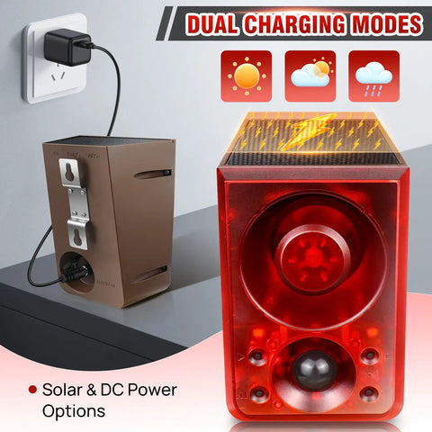 Solar Powered Wireless Outdoor Motion Sensor Alarm with 130dB Siren and Strobe Light shown with solar and USB charging modes.