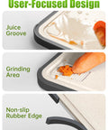 Close-up of Two Sided Non Toxic Cutting Board For Kitchen With Stainless Steel And BPA Free PP Surfaces showing juice groove, grinding area, and non-slip edge.