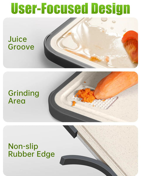 Close-up of Two Sided Non Toxic Cutting Board For Kitchen With Stainless Steel And BPA Free PP Surfaces showing juice groove, grinding area, and non-slip edge.