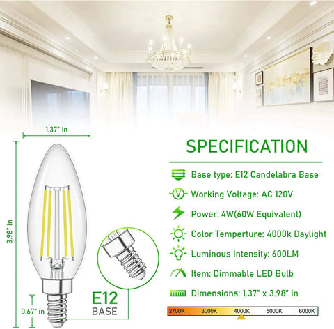 E12 Candelabra LED Bulbs Dimmable 4000K Natural White 60W Equivalent Type B Light Bulb For Chandeliers And Ceiling Fans C35 Clear Glass