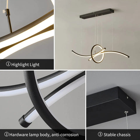 Totally Chic Geometric Modern LED Chandelier Three Light Pendant With Remote Dimmer and black aluminum suspension details.