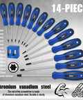 Magnetic Torx Screwdriver Set 14 Pieces In CR V Steel T4 To T40 with blue ergonomic handles displayed on gray background.