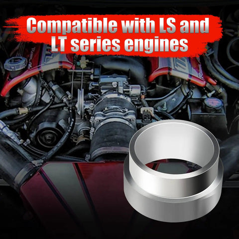 Flexplate Torque Converter Spacer And Flywheel Hub Adapter For GM TH350 TH400 Transmissions Compatible With LS And LT V8 Engines Easy Install Connector Between Flexplate And Torque Converter shown in front of a car engine