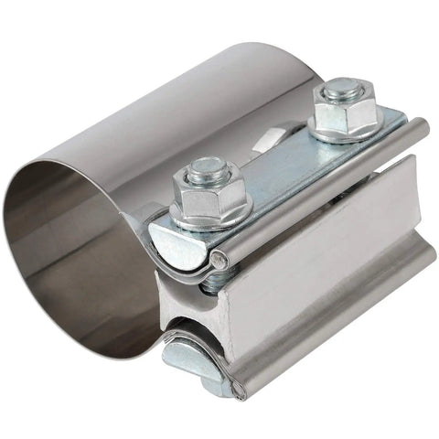 Close view of Four Pack 2.5 Inch Stainless Steel Butt Joint Exhaust Clamp Band Sleeve Built Tough Premium Durable Auto Exhaust Clamp
