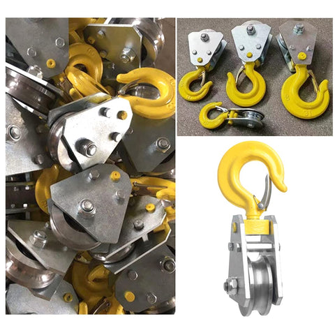 Two Pack 1 Ton Snatch Block With Hook Bearing Pulley For Wire Rope Electric Hoist Under Hook Lift System Built Like A Tank Heavy Duty Alloy Steel Construction Labor Saving Hook Trolley
