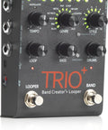 Trio Plus Band Creator Looper Pedal with FS3X Footswitch, featuring tempo and genre controls, auto bass and drum parts.
