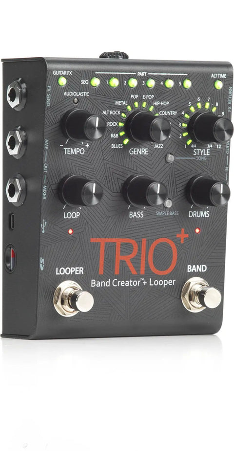 Trio Plus Band Creator Looper Pedal with FS3X Footswitch, featuring tempo and genre controls, auto bass and drum parts.