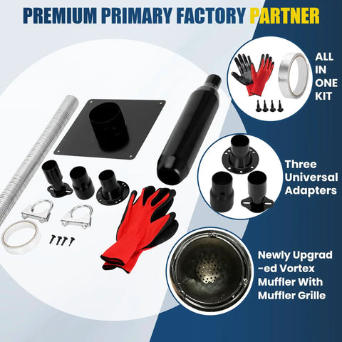 Top Shelf Generator Exhaust Extension Silencer Kit With Three Universal Adapters And Insulated Through Wall Mount components including gloves and tape.