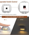 Close-up of upgraded switch control and day-night test for 12 Pack Upgraded Solar Driveway Marker Lights With Switch For Easy Install Outdoor Deck Waterproof LED Boat Dock Lights Aluminum Warning Step Lighting For Path Walkway Bright White