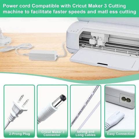 Replacement 24V DC Power Cord For Cricut Maker 3 Cutting Machine, shown with various connectors and cable details.