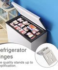 Two Pack Chest Freezer Plastic Hinge Universal Replacement with screw, installed on white chest freezer, lid open with food inside.