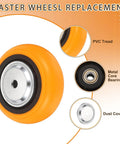 Super Tough 4 Pack 5 Inch Heavy Duty Rolling Caster Wheels Five Eighth Inch Bore Industrial Replacement Casters close-up of caster with PVC tread and metal core bearing.
