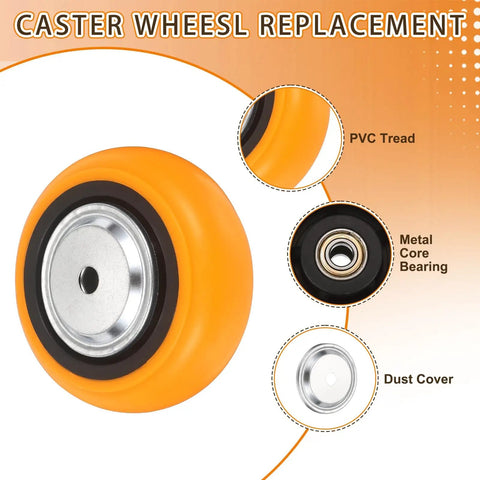 Super Tough 4 Pack 5 Inch Heavy Duty Rolling Caster Wheels Five Eighth Inch Bore Industrial Replacement Casters close-up of caster with PVC tread and metal core bearing.