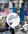 High Speed 24V CNC Spindle Motor Kit With ER11 Collets One Eighth Inch And One Quarter Inch For 3018 And 1610 Milling Router Machines 20000 RPM DC Motor Package With Wrenches And Holder For DIYers in use on various CNC machines, showing motor and components with milling action.