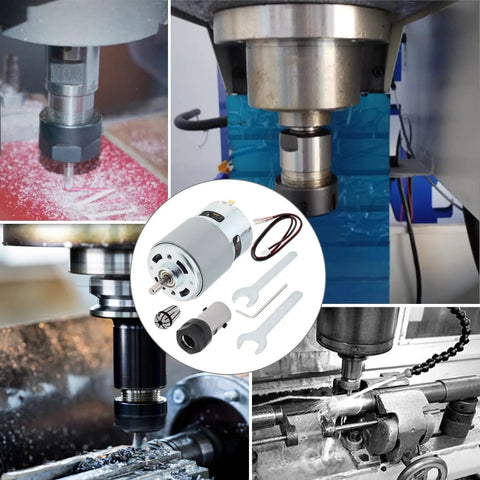 High Speed 24V CNC Spindle Motor Kit With ER11 Collets One Eighth Inch And One Quarter Inch For 3018 And 1610 Milling Router Machines 20000 RPM DC Motor Package With Wrenches And Holder For DIYers in use on various CNC machines, showing motor and components with milling action.